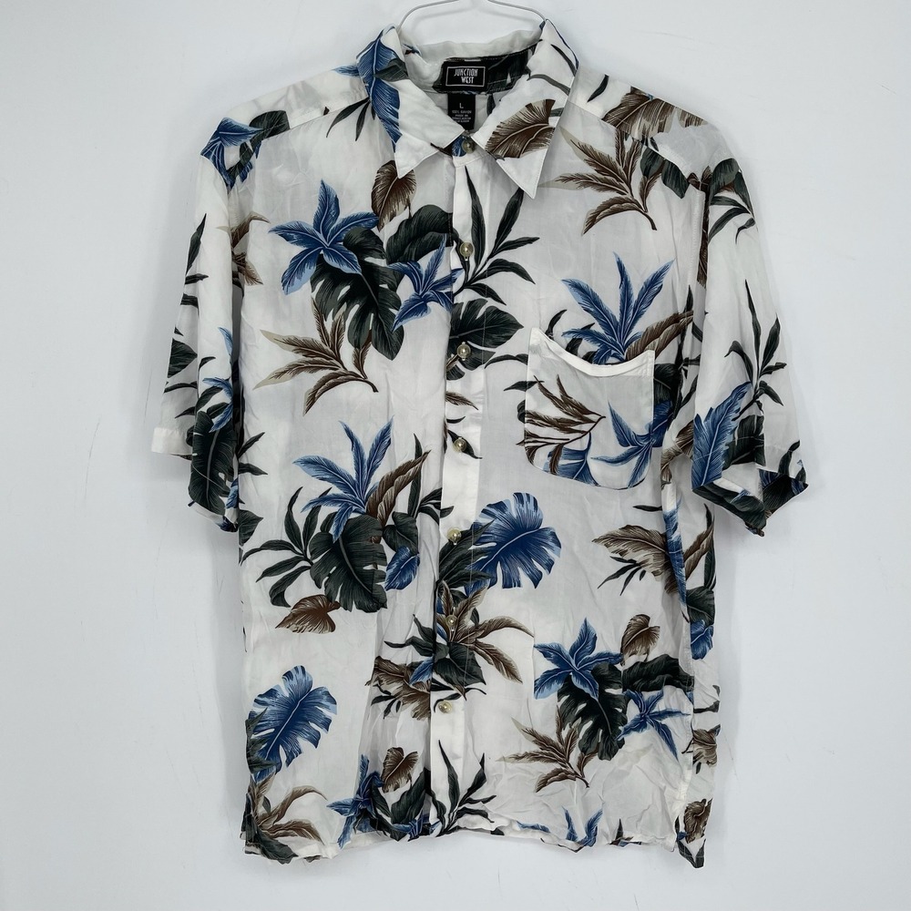 Junction West Men's White Tropical Floral Rayon Button Down Shirt Size Large